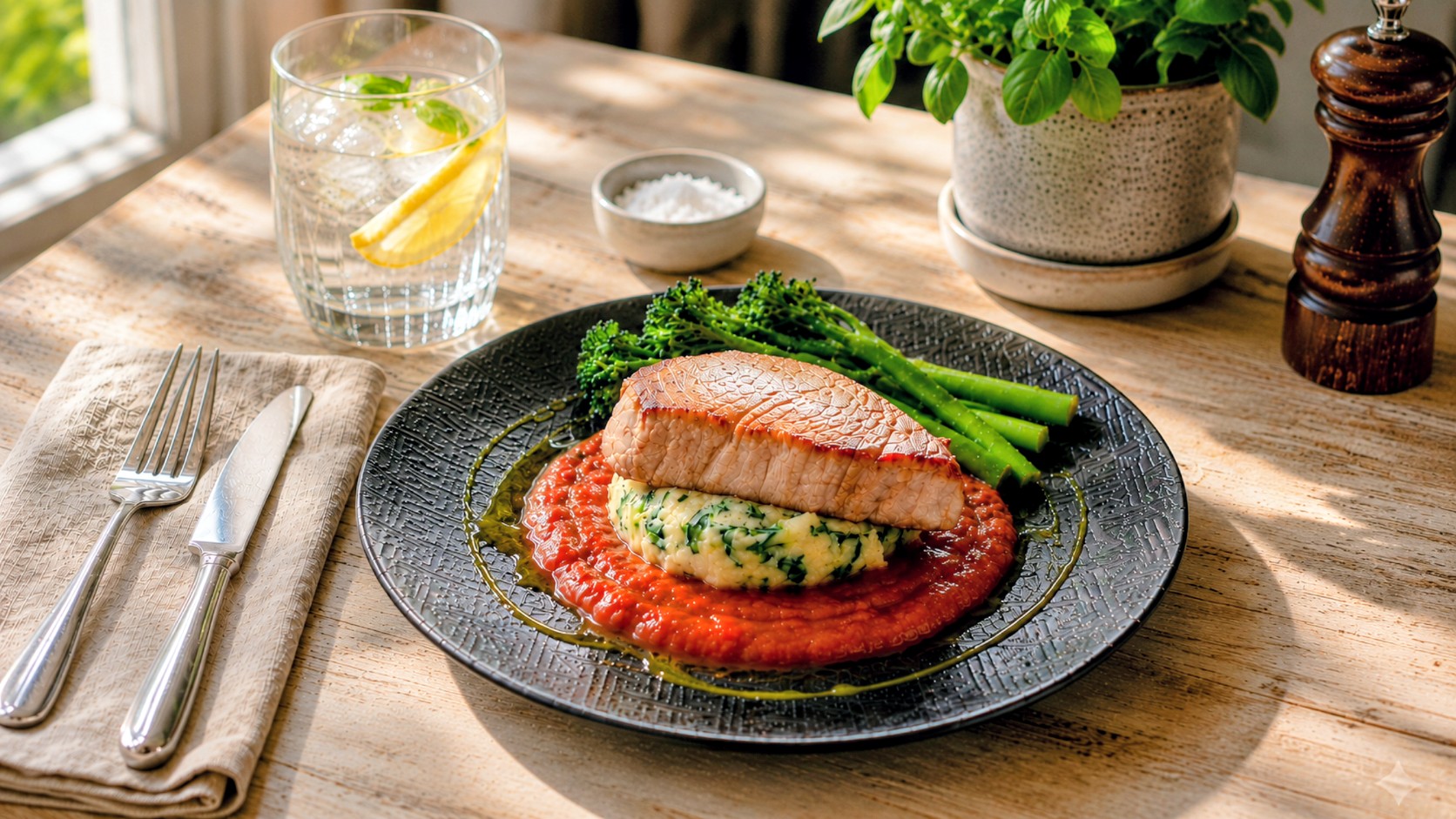 Seared Tuna Steak with Spinach & Crème Fraîche Mash — recipe hero image